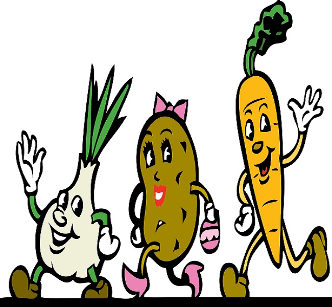 Cartoon vegetables walking together.