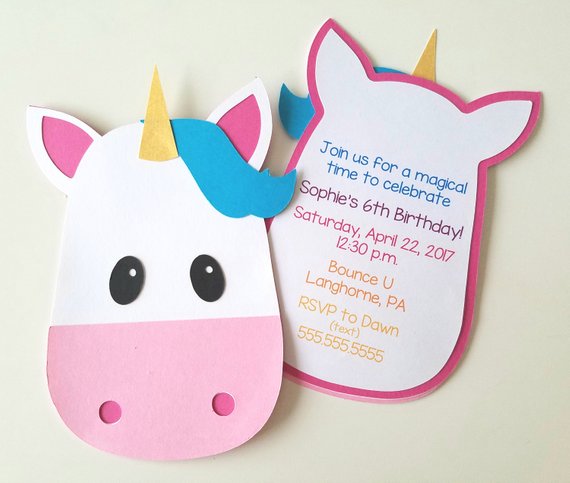 Unicorn birthday party invitation card.