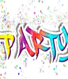 Colorful party text with confetti.