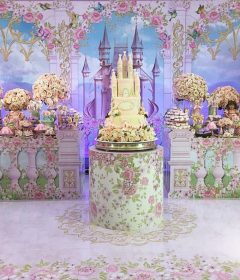 Floral castle themed birthday party table.