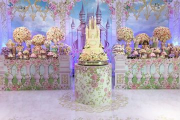 Floral castle themed birthday party table.