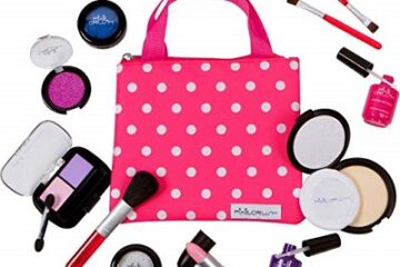 Pink polka dot makeup bag with cosmetics.