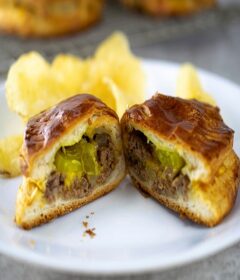 Cheeseburger Turnover with Pickles and chips