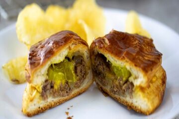 Cheeseburger Turnover with Pickles and chips